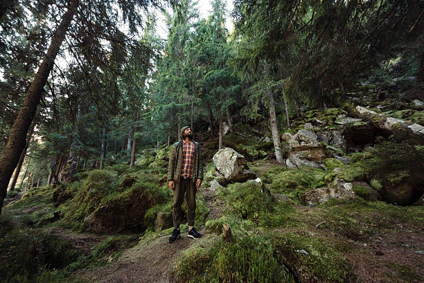 istock Man Exploring Dense Forest and Mossy Terrain in the Wilderness 2225763443