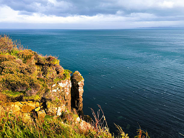 Breathtaking coastal view from the Isle of Skye, Scotland, featuring the serene expanse of the sea meeting the wild, rocky shoreline under a moody sky.
