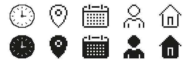 Pixel Art Icon Set Featuring Clock, Location Pin, Calendar, User, And House Symbols. Time Management, Navigation, Scheduling, User Profile, And Home Concepts. Isolated Vector Illustration.