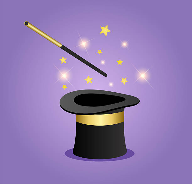 Wizard conjure cylinder. Magicians hat with magic wand. Vector illustration isolated on white background. Circus show, abracadabra wand. Wizard conjure cylinder. Magicians hat with magic wand. Vector. Circus show, abracadabra wand sorcerer hat stock illustrations