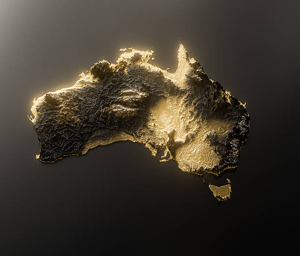 Australia Map Golden Metallic Texture Map Gold Reserves And Gold Mining Concept 3D Illustration\nSource Map Data: tangrams.github.io/heightmapper/,\nSoftware Cinema 4d
