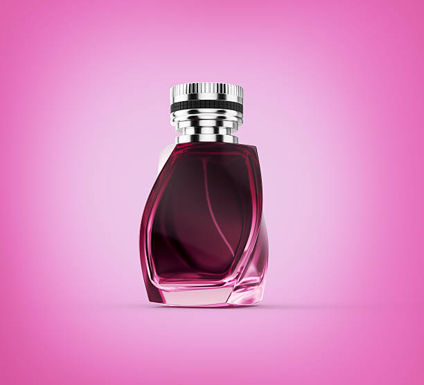 istock Pink Clear Glass Perfume Bottle Gleams With Luminous Light On Soft Pink Background 3D Illustration 2225773843