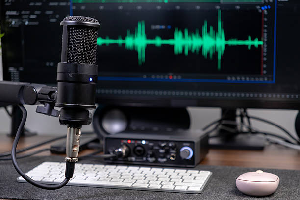 istock Professional black condenser microphone setup in a home audio studio, with digital sound waveforms displayed on a computer screen for podcast and music production 2225775280