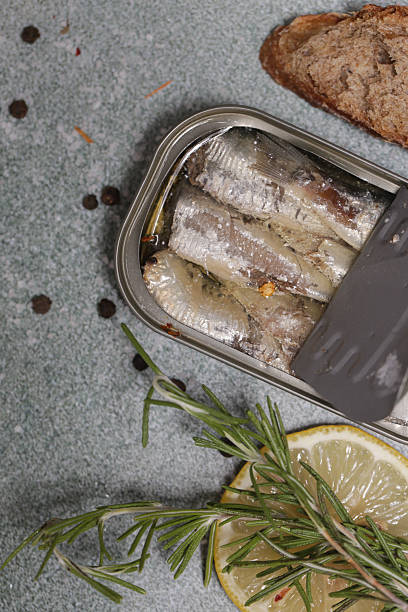 istock Overhead view of open sardine tin, great source of daily protein intake 2225778203