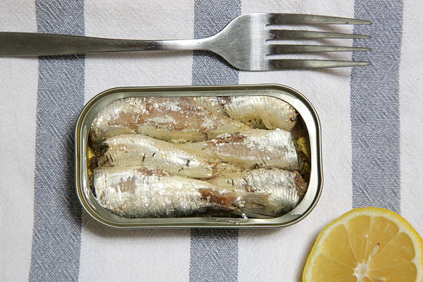 istock Overhead view of open sardine tin, great source of daily protein intake 2225780303