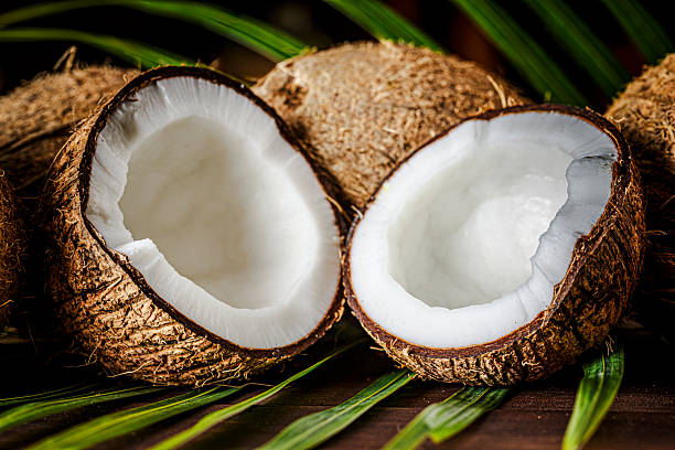 Fruits themes: Low key of coconuts halves on wooden rustic table