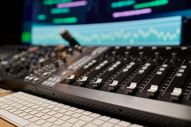 istock Close up of Audio Mixing Console and Microphone in Recording Studio Setting 2225784407