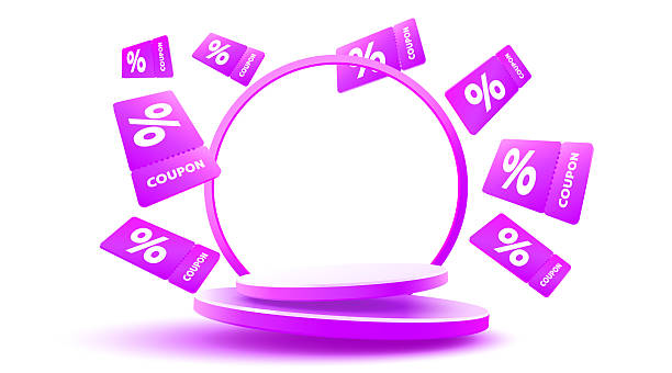 istock Purple coupons with percentage fly near podium. Vector illustration 2225792793