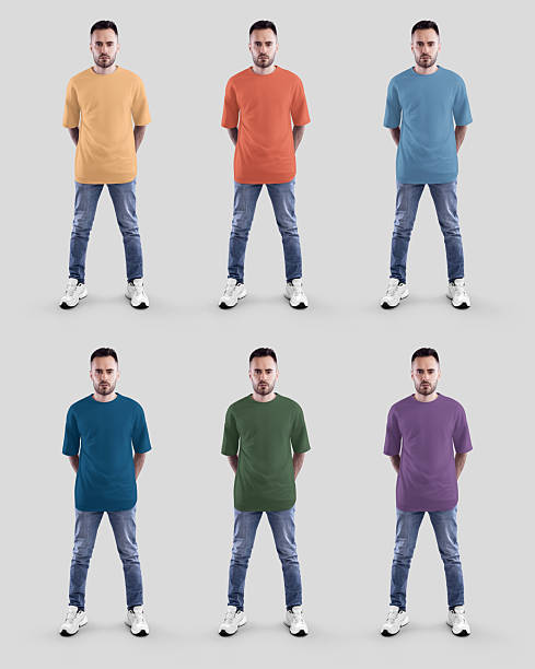 istock Template of a bright oversized t-shirt for a guy, hands in jeans pockets, full height, front view, for design, branding, advertising. Set 2225794027