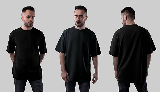 istock Mockup of black oversized t-shirt on bearded guy, front, back view, clothes isolated on background. Set 2225794877