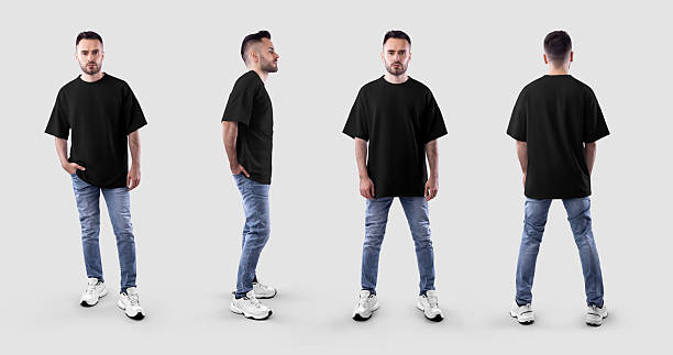 istock Template of black t-shirt on bearded guy in full height, front, side, back view, for design, pattern print, branding, advertising. Set 2225795549