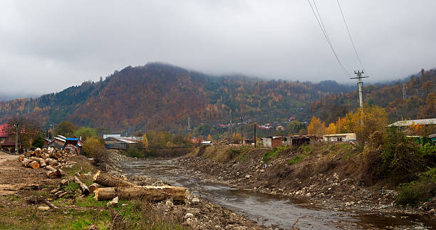 A tranquil rural scenery showcasing a gently winding river, lush autumn forests, and a backdrop of rolling mountains cloaked in mist. Wooden logs and a few houses add charm to the peaceful village setting. The landscape captures the serene beauty of nature and rustic life, ideal for themes of tranquility, countryside, and seasonal transformation.