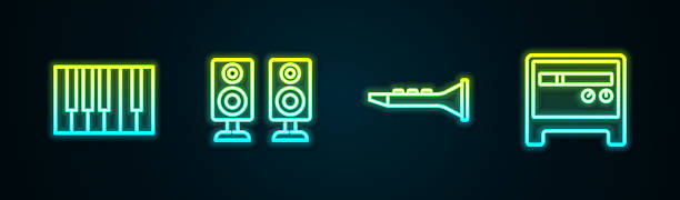istock Set line Grand piano, Stereo speaker, Clarinet and Guitar amplifier. Glowing neon icon. Vector 2225802285