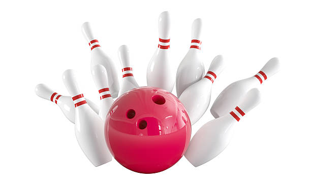 istock Bowling ball crashing into white bowling pins with red stripes 2225802580