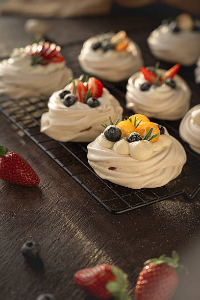Mini Pavlovas on Cooling Wire, wooden surface
