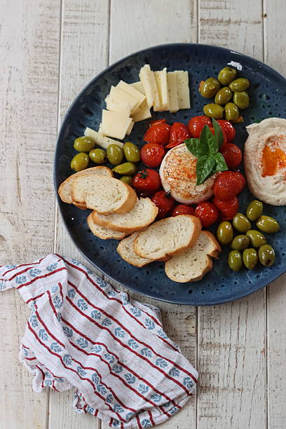 Bread, olives and cheese on a plate