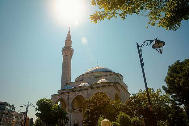 Bright and peaceful view of a historic mosque in Istanbul, Turkey, captured under the intense summer sun. The domes and tall minaret are framed by leafy trees and traditional streetlamps, creating a scene of serenity and architectural elegance. Ideal for use in themes related to Islamic architecture, religion, spirituality, heritage travel, or urban culture in the Middle East.