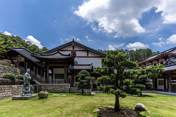 The photo shows a main hall with upward-curved roofs, red columns, and grey tiles. A stone path crosses a small pond with a bridge to the entrance. Trees and trimmed shrubs line the courtyard. The sky is clear. Suitable for stock categories: Chinese architecture, temple, garden design, cultural heritage, travel.The scenery of Wanfu Temple on Huangbo Mountain in Fuqing, Fujian Province, China