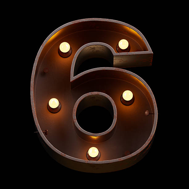 Light bulb glowing font, 3d alphabet character, 3d rendering, number 6