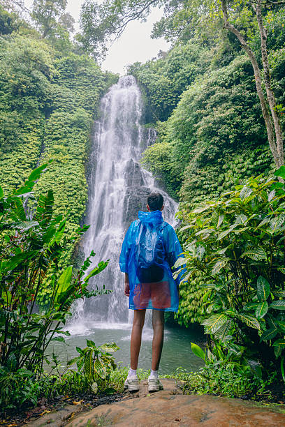 istock Rear View Of Man Standing Against Waterfall In Forest 2225813196