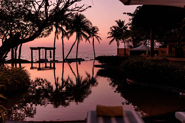 A breathtaking pink and orange sunset over a tropical landscape in Thailand, with silhouettes of palm trees and their reflections shimmering in a serene swimming pool.