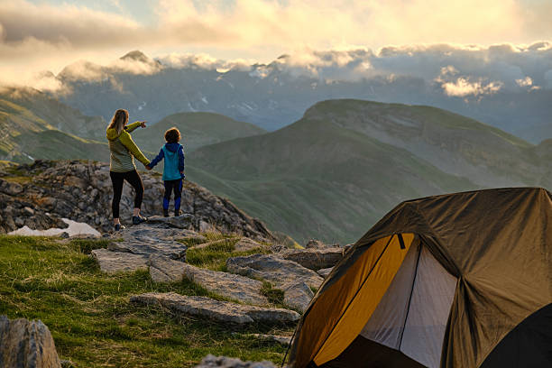 High angle view of a tent at a campsite on mountain ridge