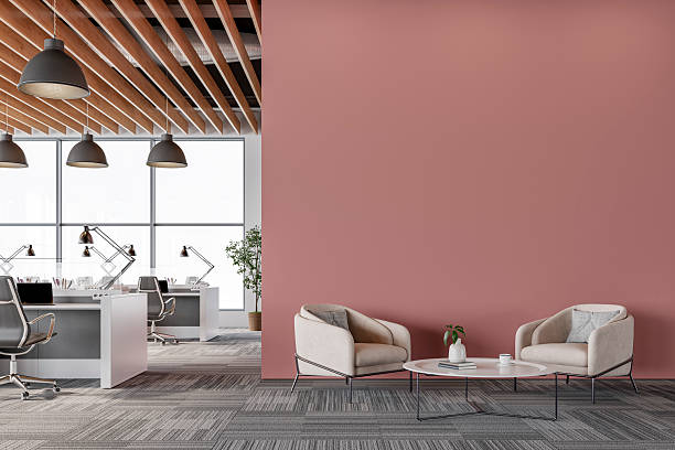 istock Modern Office Interior with pastel pink wall and Minimalist Lounge Area 2225814945
