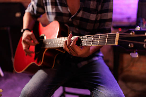 Close-up of hands playing guitar