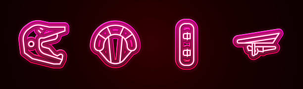 istock Set line Motocross motorcycle helmet, Parachute, Snowboard and Hang glider. Glowing neon icon. Vector 2225827613