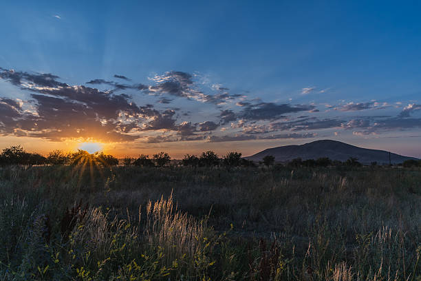 istock Blooming meadow on a hilly plain in the rays of the setting sun. 2225829345