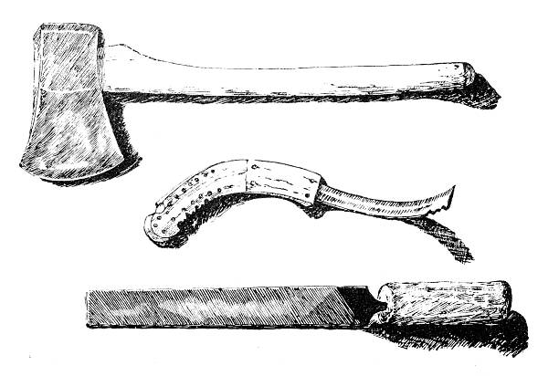Antique magazine image: Exploration of the Canadian Barren Grounds, Nunavut and Northwest Territories, Axe, Crooked Knife, File
