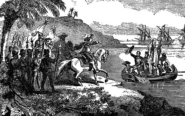Hernando de Soto landing at La Florida in 1539 (circa 16th century). Vintage etching circa 19th century.
