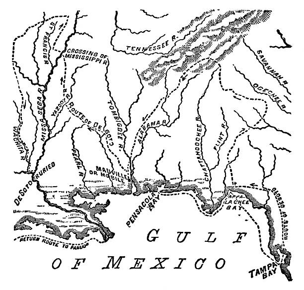 Map of the Hernando de Soto expedition in 1539 (circa 19th century). Vintage etching circa 19th century. This is the believed route in the 1800s, experts have updated the route using more modern archaeological evidence.