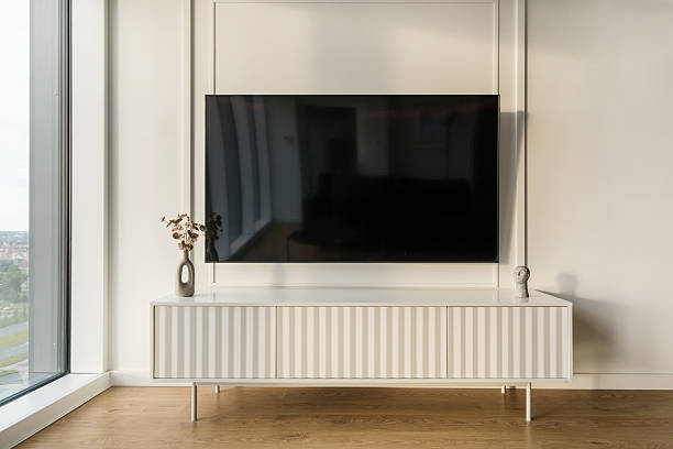 istock Modern living room featuring a sleek flat screen smart tv and minimalist decor 2225835762