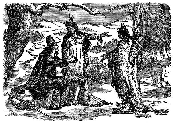 Massasoit Sachem and the Wampanoag people take in Roger Williams for the winter in Massachusetts, USA (circa 17th century). Vintage etching circa 19th century.
