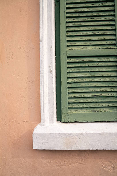 istock Faded Green Louvered Shutter on Coral Wall 2225837716