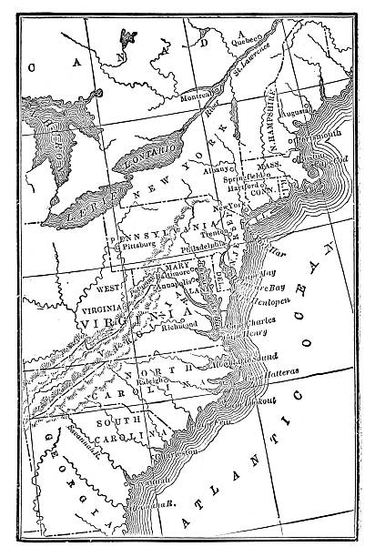 Map of the British American Thirteen Colonies in the USA (circa 18th century). Vintage etching circa 19th century.