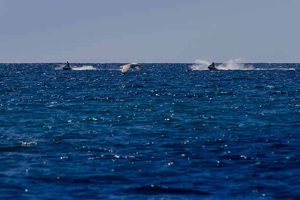 Three jet skis synchronized on the horizon in the Mediterranean Sea one summer evening