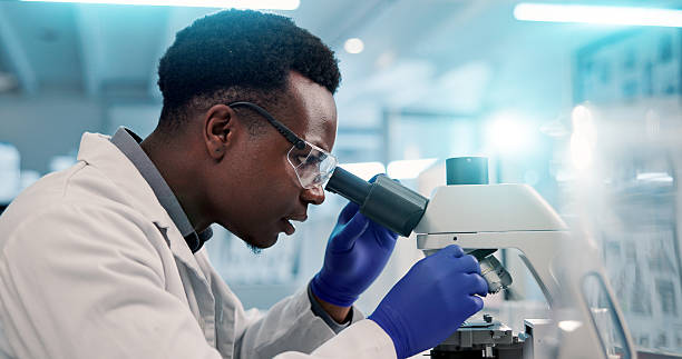 istock Microscope, black man and scientist in lab for research, discovery or project on medical organisms. Biotechnology, goggles and African biologist with equipment for DNA review for innovation. 2225839486