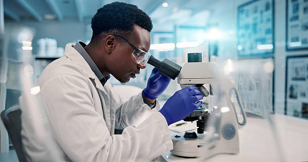 istock Science, microscope and black man in laboratory for research, development or inspection. Vaccine analytics, medicine and scientist with equipment for medical study, innovation and biotech engineering 2225839490