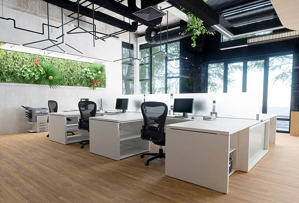 istock Empty modern office with green living wall and white desks. Contemporary workspace interior design for business. Biophilic concept. 2225841000