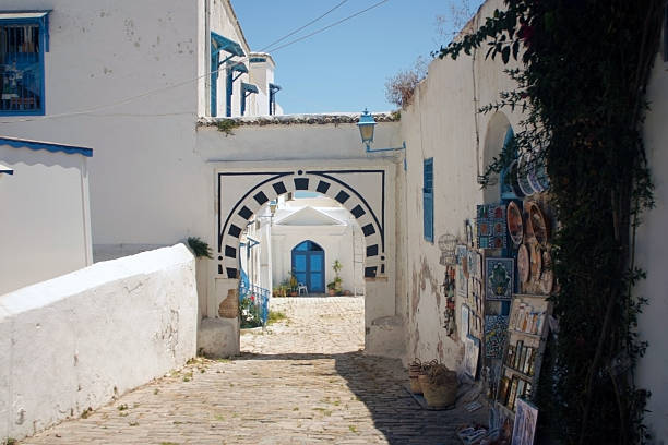 Blue-accented alleyway with arch and whitewashed walls in coastal settlement