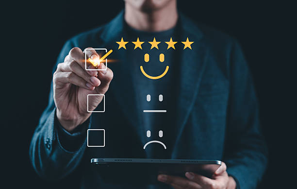 istock Customer satisfaction survey with five star rating and feedback. Person selecting five-star rating and happy face icon, satisfaction, positive user experience, quality feedback, service evaluation, 2225852663