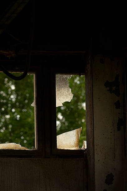 istock A broken window in a dark room has a tree in the background 2225855561
