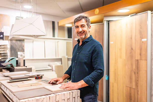 Architect choosing tiles and parquet in a home improvement store