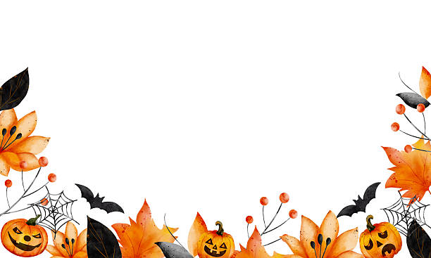 Template with pumpkins, black and orange abstract flowers, spider webs with space for text in the center. White background. hand drawn, watercolor style, Halloween theme Template with pumpkins, black and orange abstract flowers, spider webs with space for text in the center. White background. hand drawn, watercolor style, Halloween theme. halloween border stock illustrations