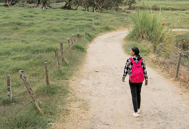 Young girl with school backpack walks alone on a dirt path surrounded by grass and trees. Image that transmits autonomy, connection with the environment and rural education. Ideal for content on social development, school mobility, childhood, sustainability or cultural tourism in rural regions.