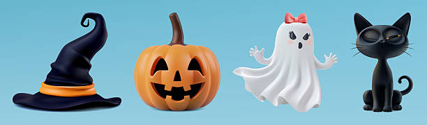 istock Halloween symbol 3d vector clipart. Carved pumpkin, black cat, witch hat, girl ghost. Kid costumed party invite element set. Spooky scary sale flyer, children realistic trick treat offer. Night emoji 2225908584