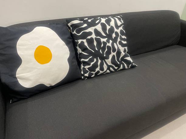 istock Black Modern Sofa with Graphic Egg and Abstract Monochrome Throw Pillows – Minimalist Home Decor 2225911173