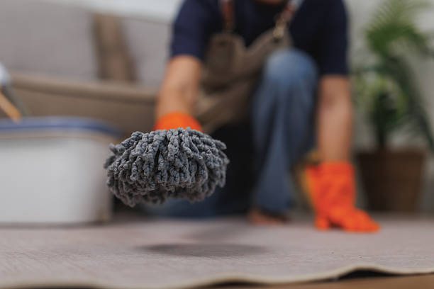 A dynamic top-down shot showing a traditional patterned rug being thoroughly cleaned on a tiled patio with a high-pressure washer.